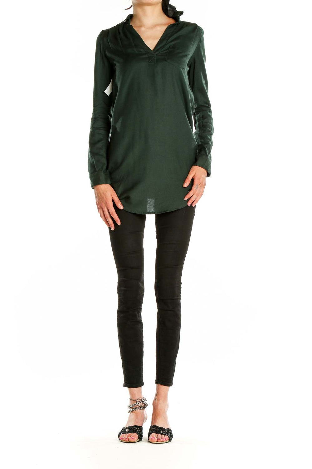 Front view of forest green V-neck tunic top by Sparkle & Fade