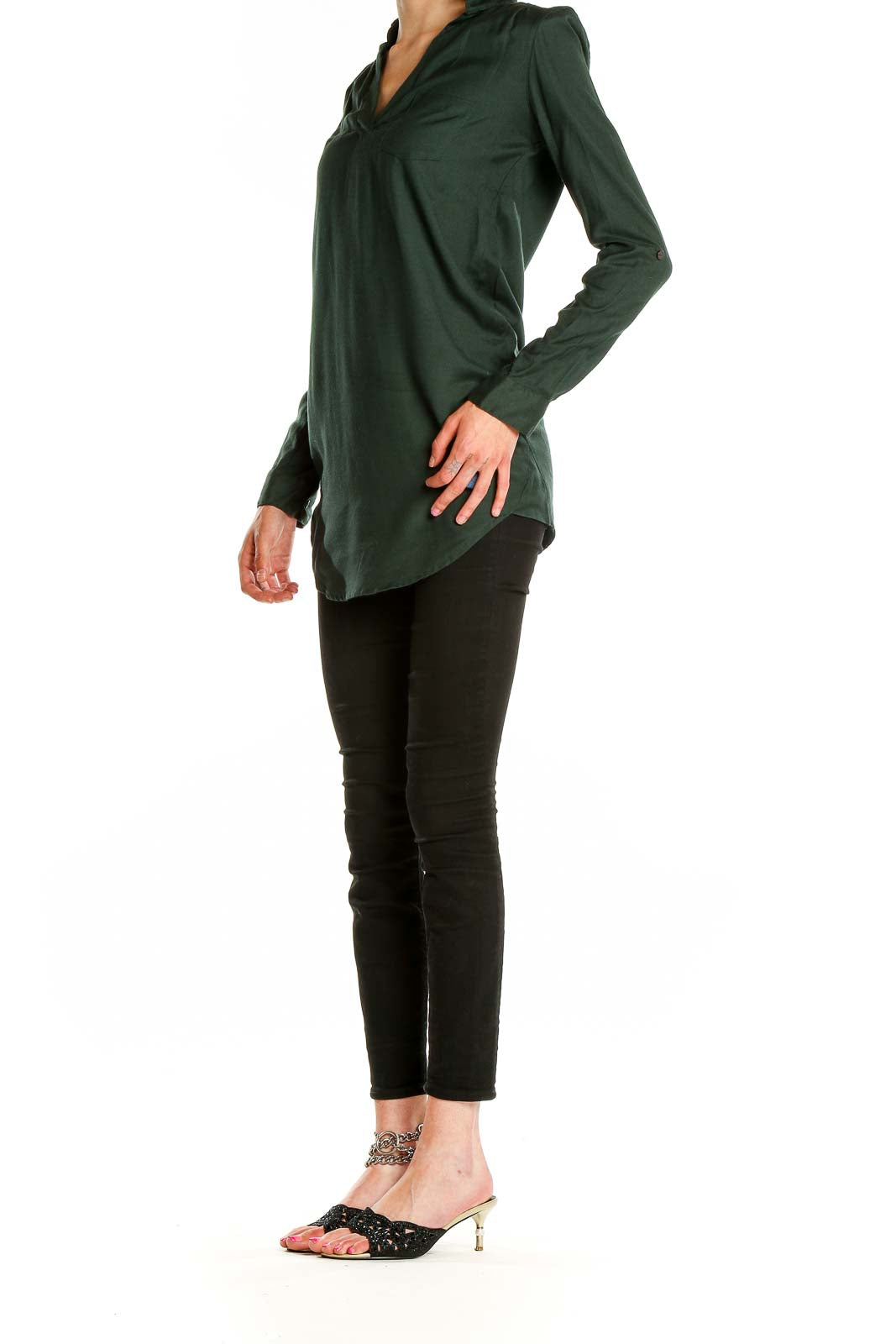 Front view of forest green V-neck tunic top by Sparkle & Fade