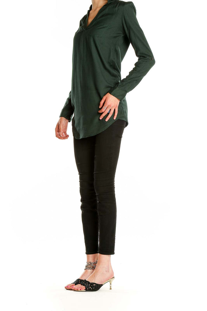 Front view of forest green V-neck tunic top by Sparkle & Fade