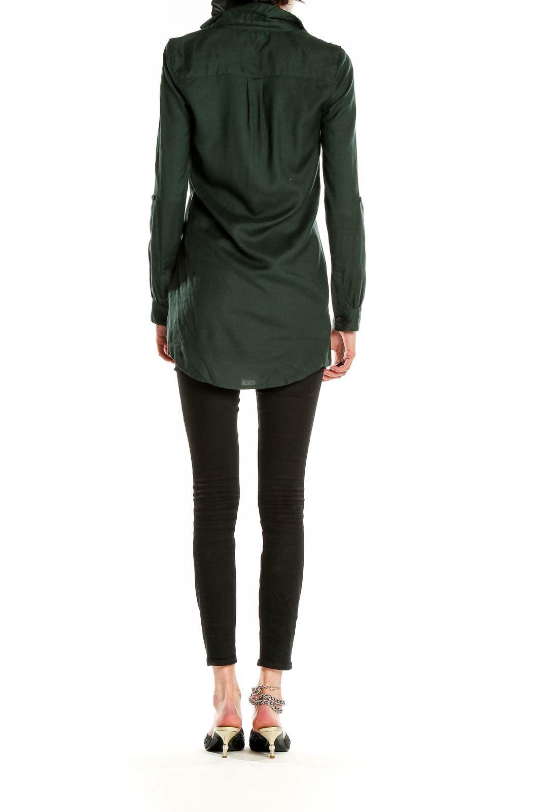 Side view of forest green V-neck tunic top by Sparkle & Fade on model