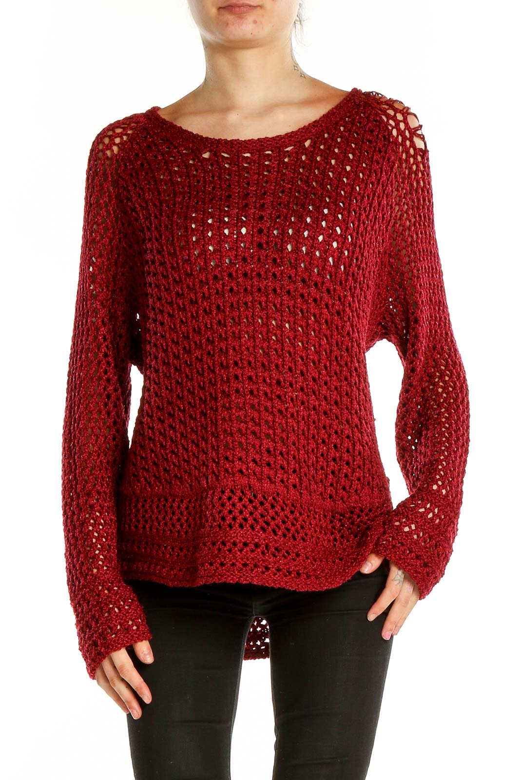 Front view of red open knit oversized sweater by Lucky Brand