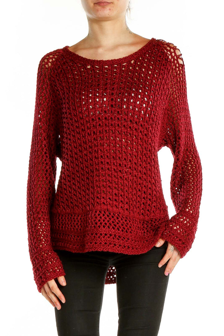 Front view of red open knit oversized sweater by Lucky Brand