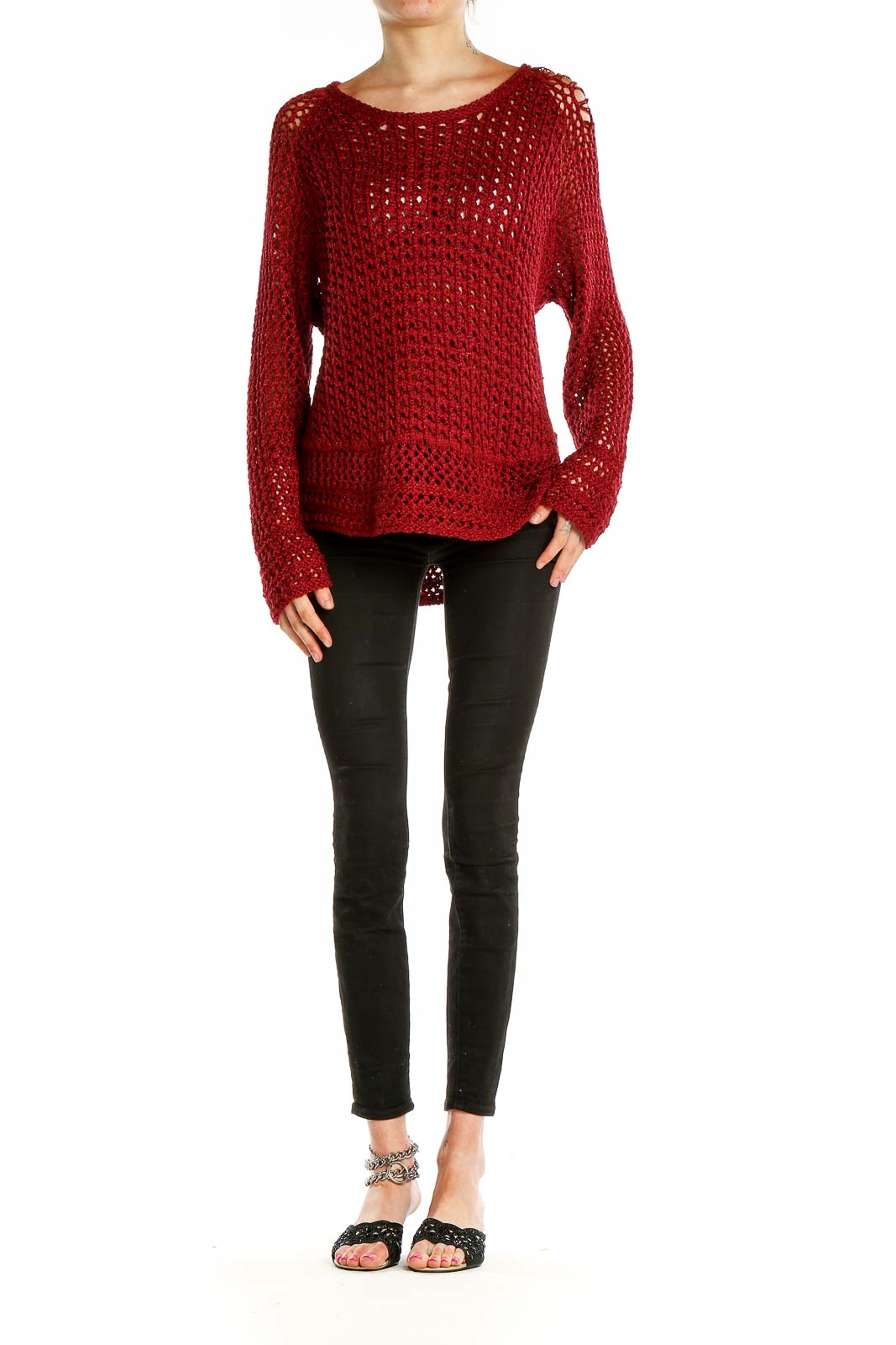 Front view of red open knit oversized sweater by Lucky Brand