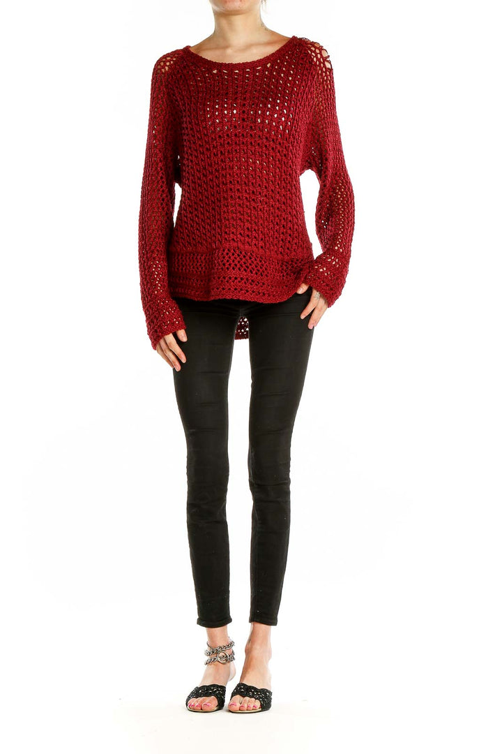 Front view of red open knit oversized sweater by Lucky Brand