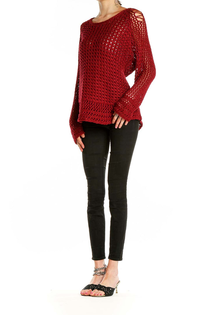 Front view of red open knit oversized sweater by Lucky Brand