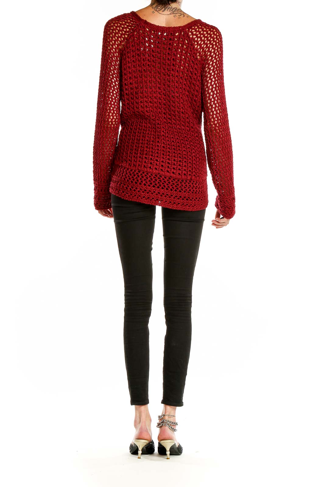Back view of red open knit oversized sweater by Lucky Brand