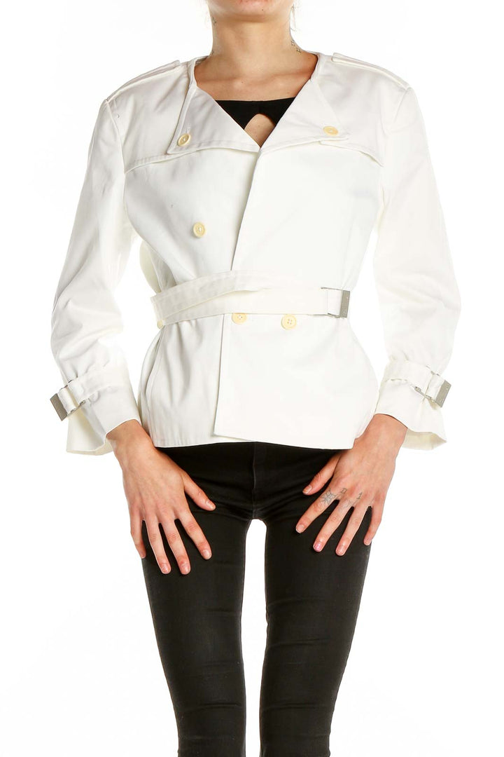 Front view of Calvin Klein white double-breasted jacket with belt