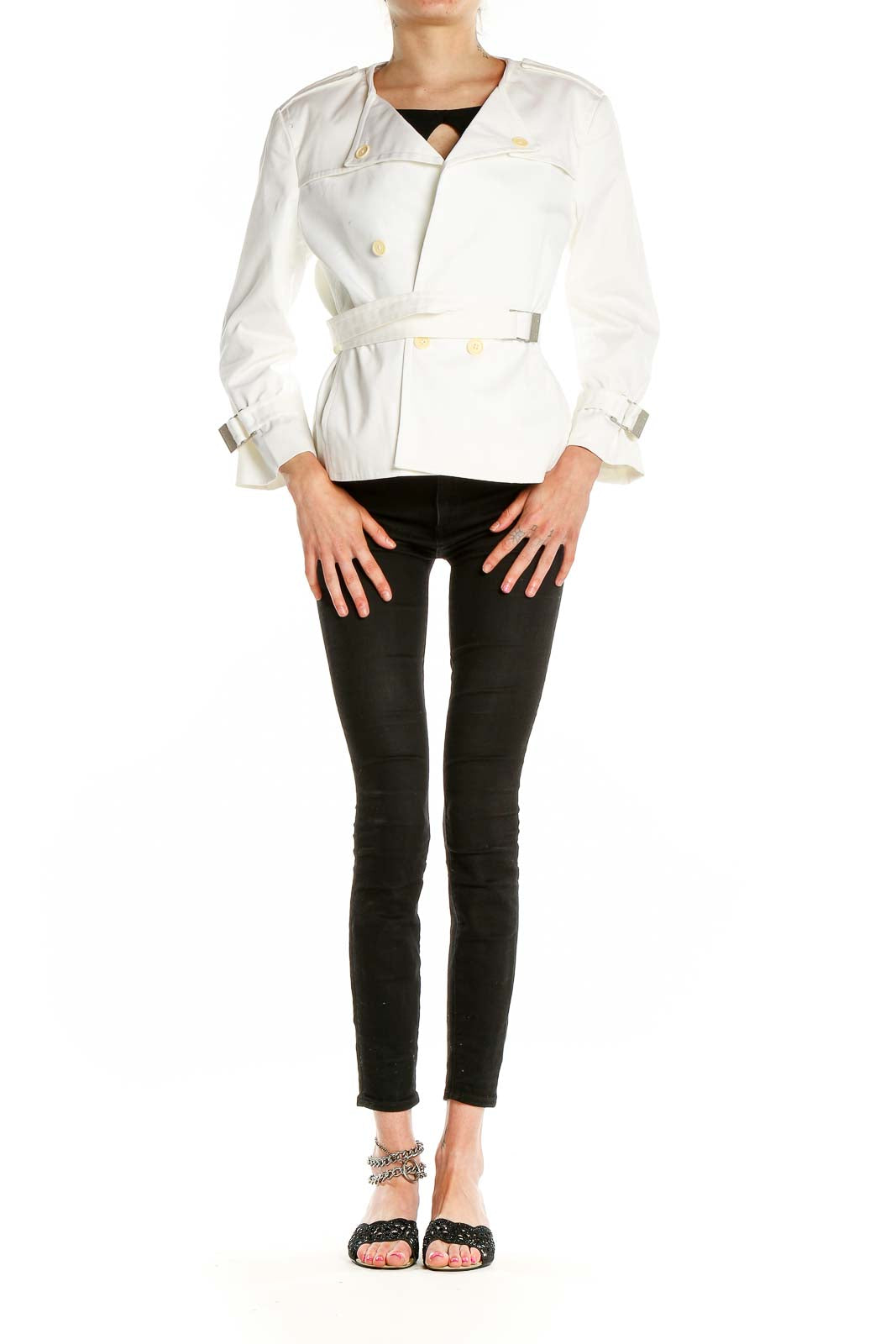 Front view of Calvin Klein white double-breasted jacket with belt