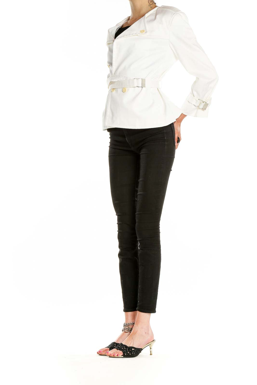 Front view of Calvin Klein white double-breasted jacket with belt