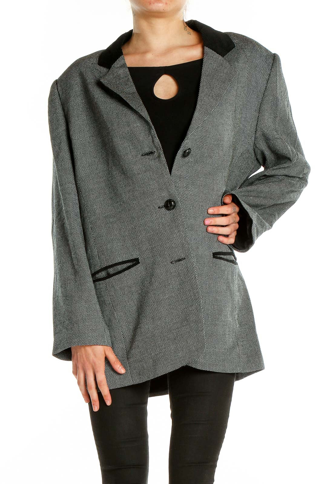 Front view of Saks Fifth Avenue gray herringbone blazer with black trim
