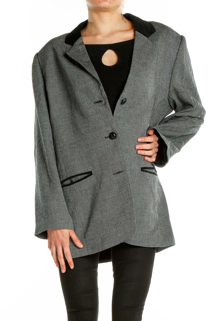 Front view of Saks Fifth Avenue gray herringbone blazer with black trim