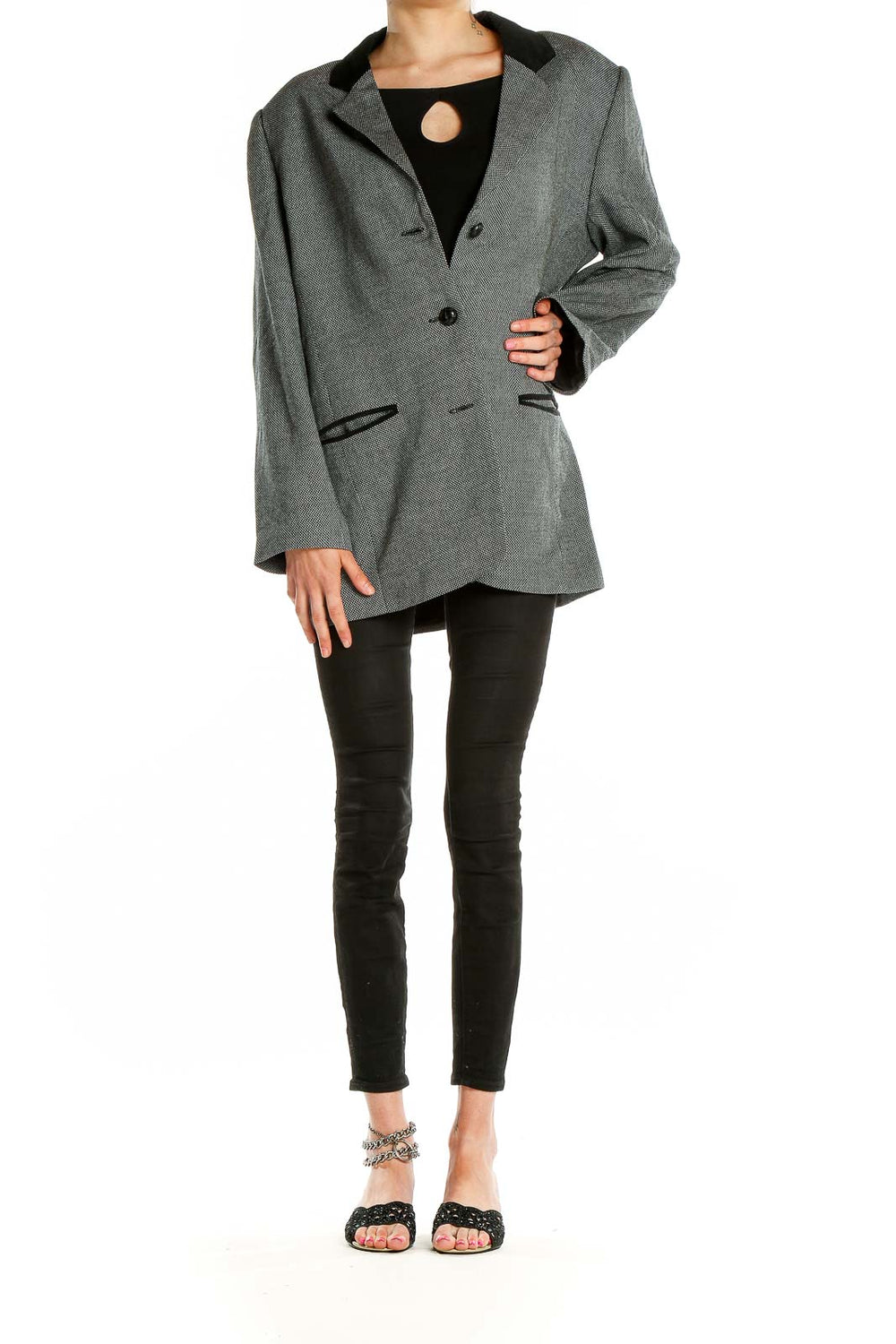 Front view of Saks Fifth Avenue gray herringbone blazer with black trim
