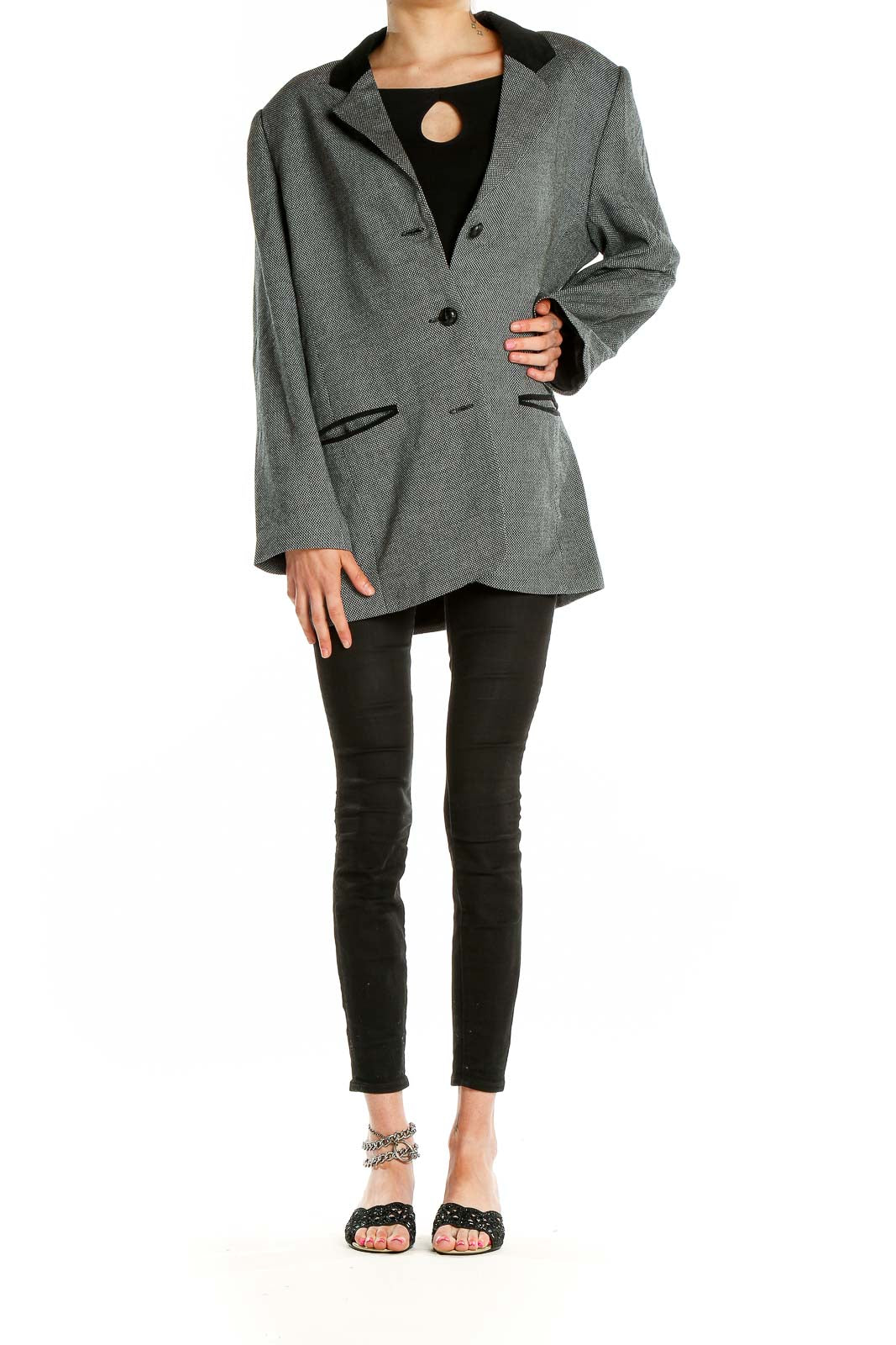Front view of Saks Fifth Avenue gray herringbone blazer with black trim