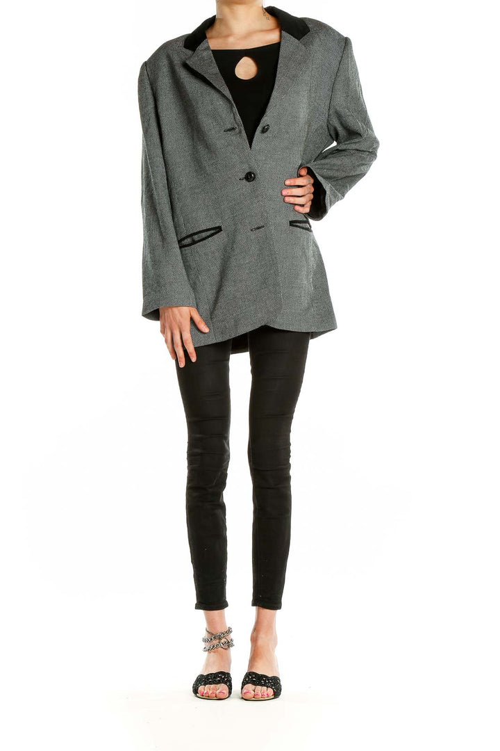 Front view of Saks Fifth Avenue gray herringbone blazer with black trim
