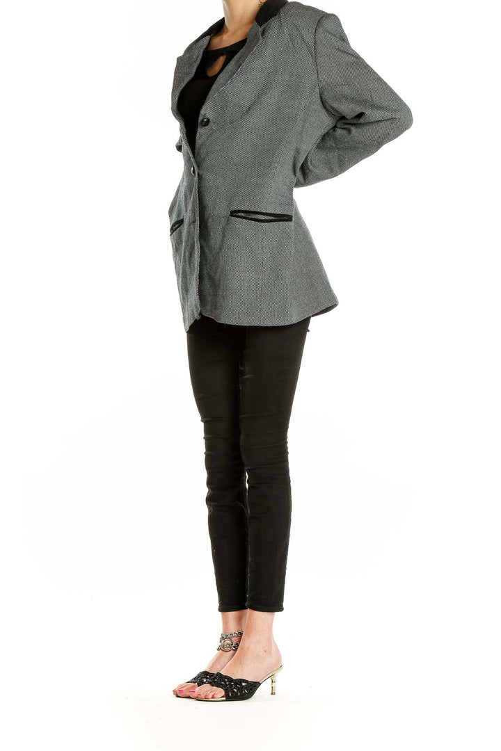 Front view of Saks Fifth Avenue gray herringbone blazer with black trim