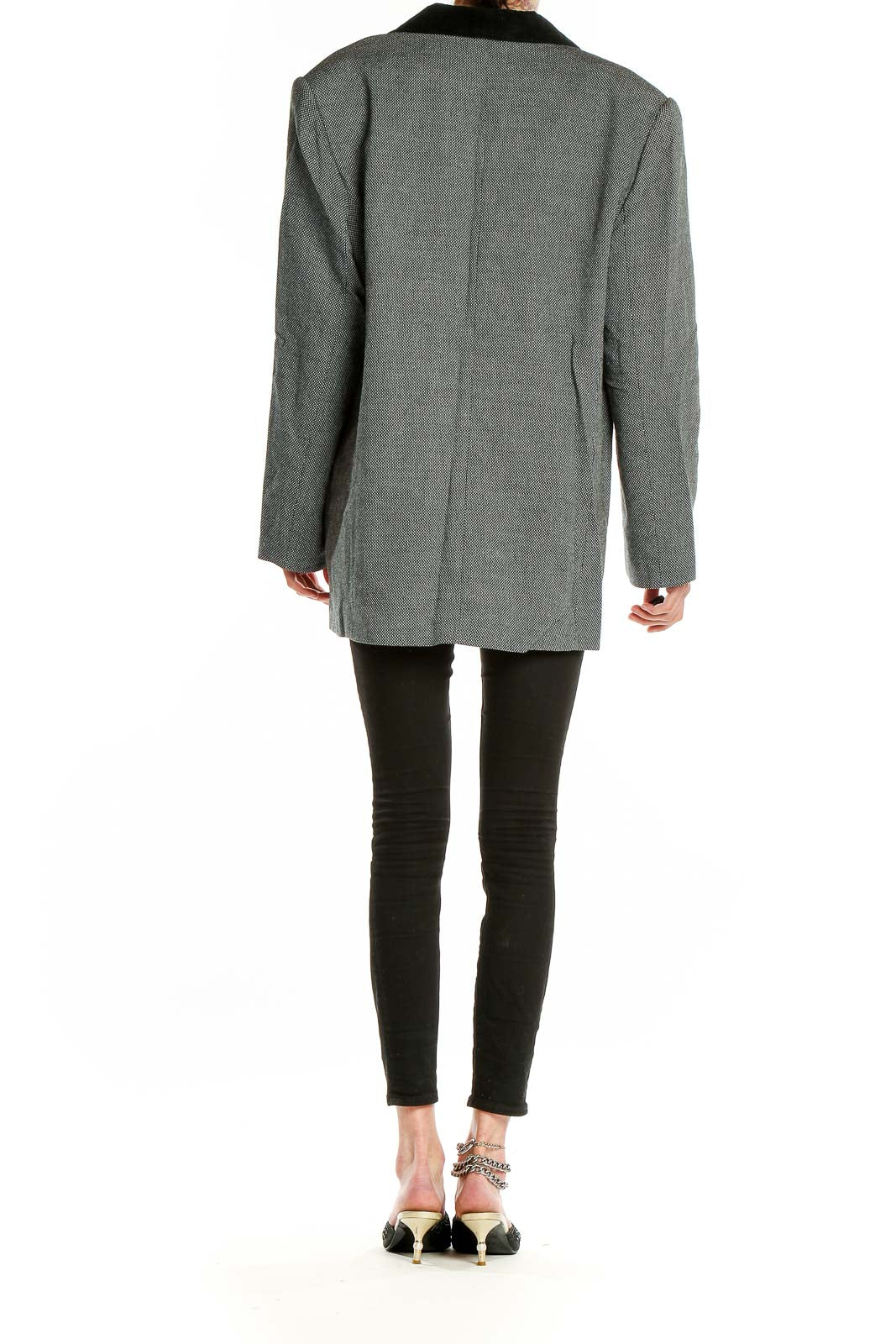 Back view of Saks Fifth Avenue gray herringbone blazer showing tailored fit