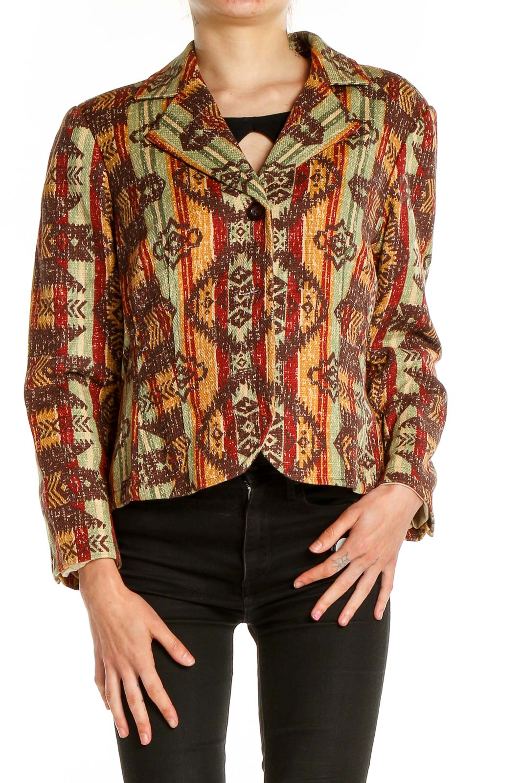 Front view of Coldwater Creek Aztec print cropped jacket in multicolor