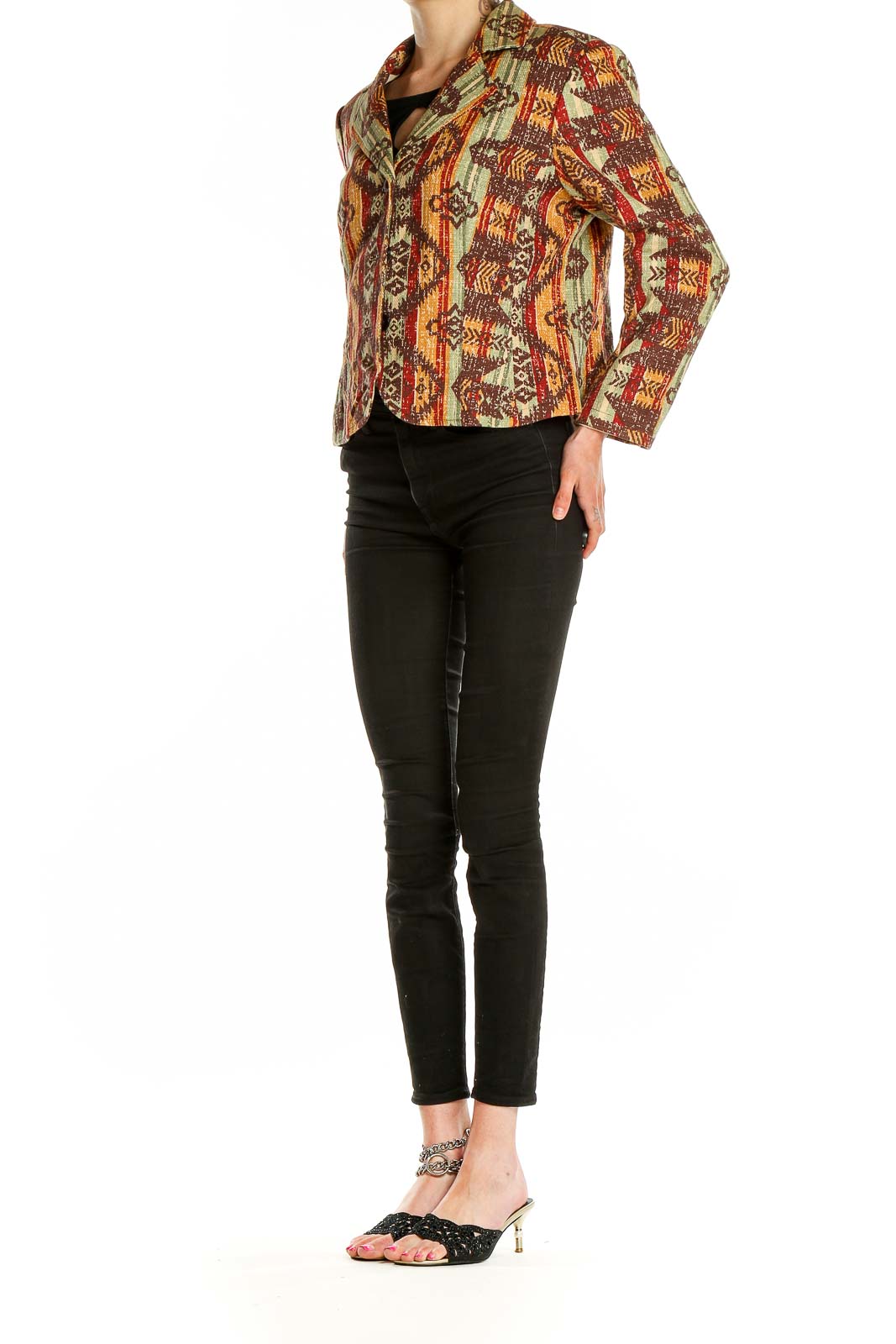 Front view of Coldwater Creek Aztec print cropped jacket in multicolor