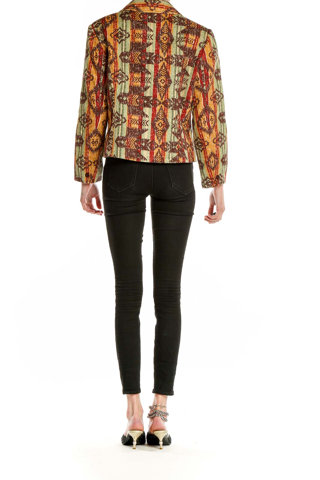 Back view of Coldwater Creek Aztec print cropped jacket with model