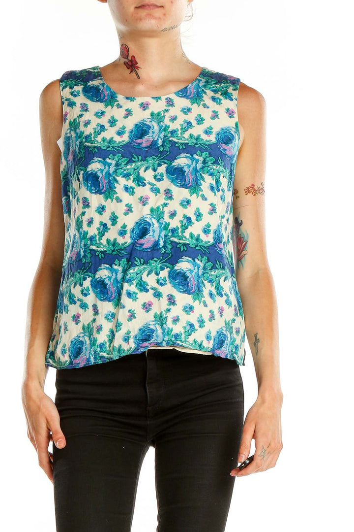 Front view of Talbots blue floral sleeveless blouse on white background
