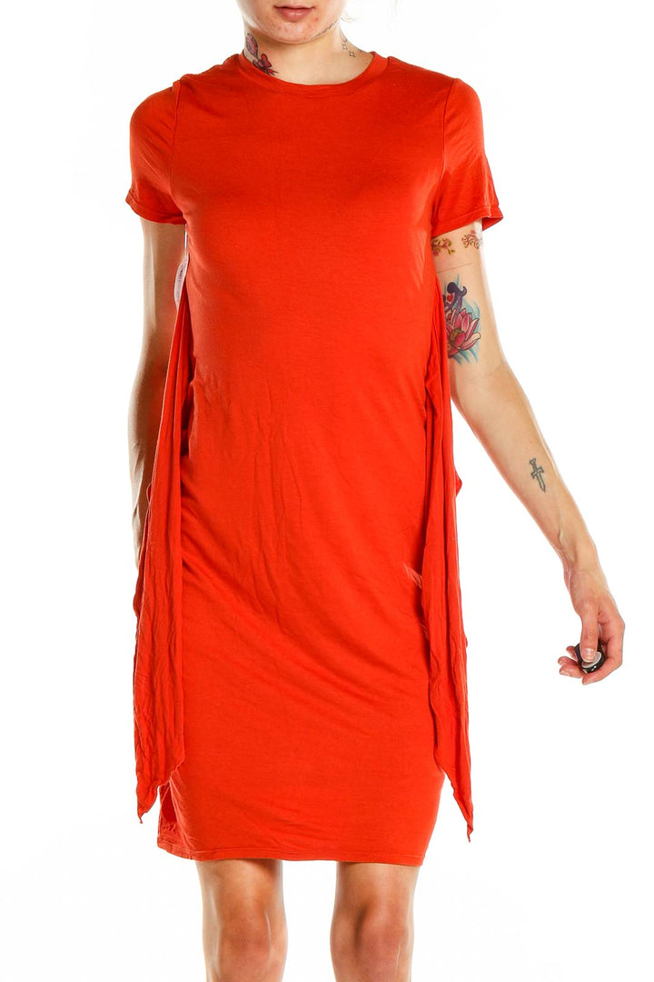 Front view of red Three Dots t-shirt dress with side ties