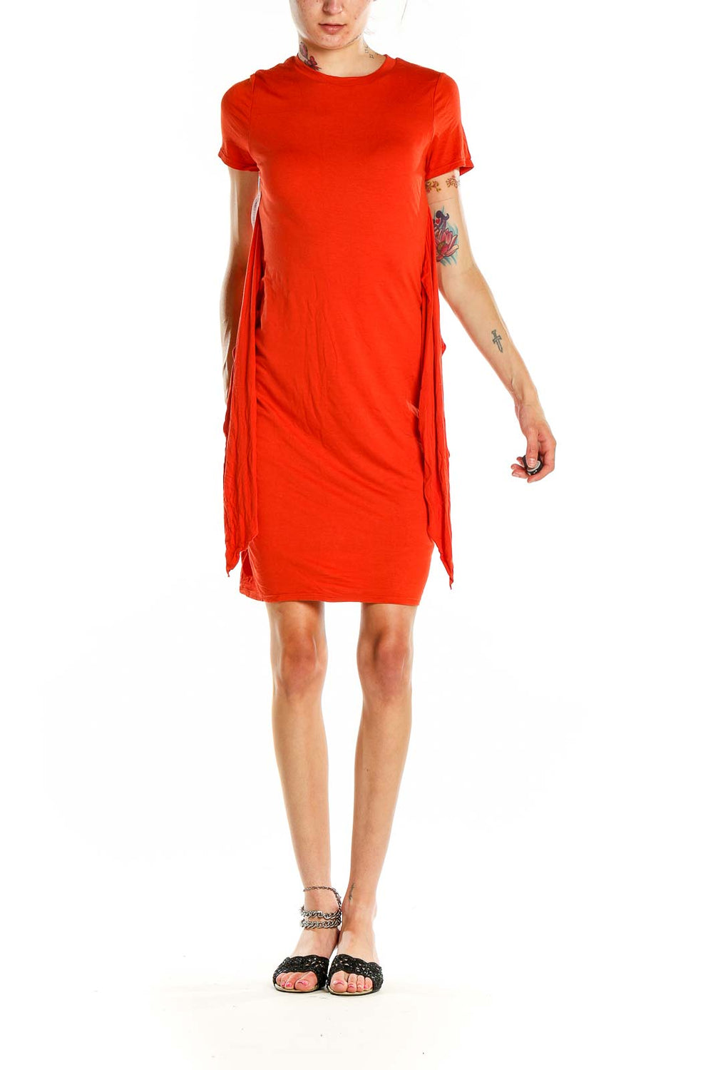 Front view of red Three Dots t-shirt dress with side ties