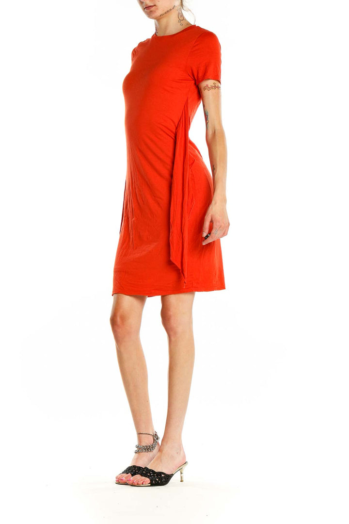 Front view of red Three Dots t-shirt dress with side ties
