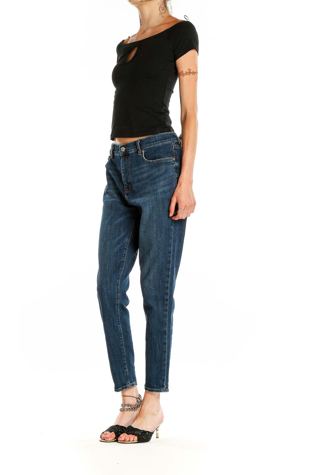 Front view of LOFT blue straight leg jeans on model