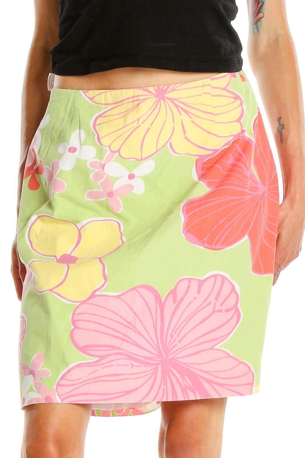 Front view of Lilly Pulitzer green floral print A-line skirt