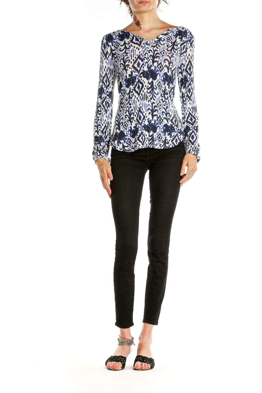 Front view of Lilly Pulitzer navy and white ikat print long sleeve top