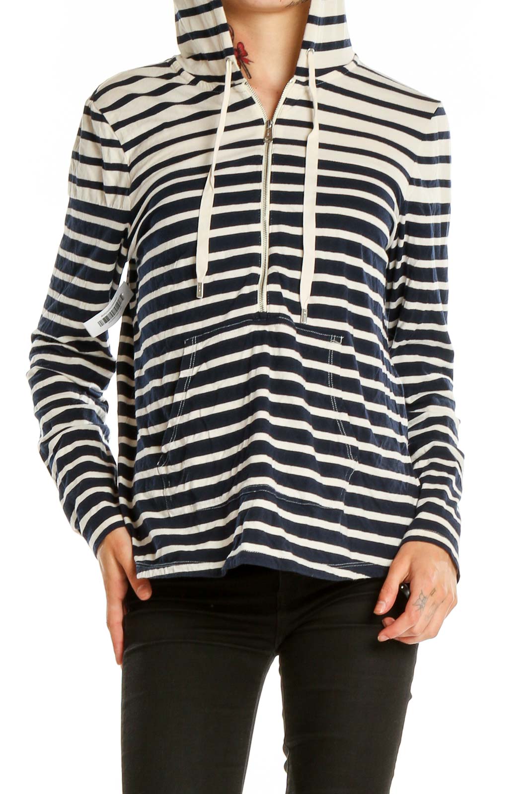 Front view of Lauren Active Ralph Lauren Navy and White Striped Half-Zip Pullover