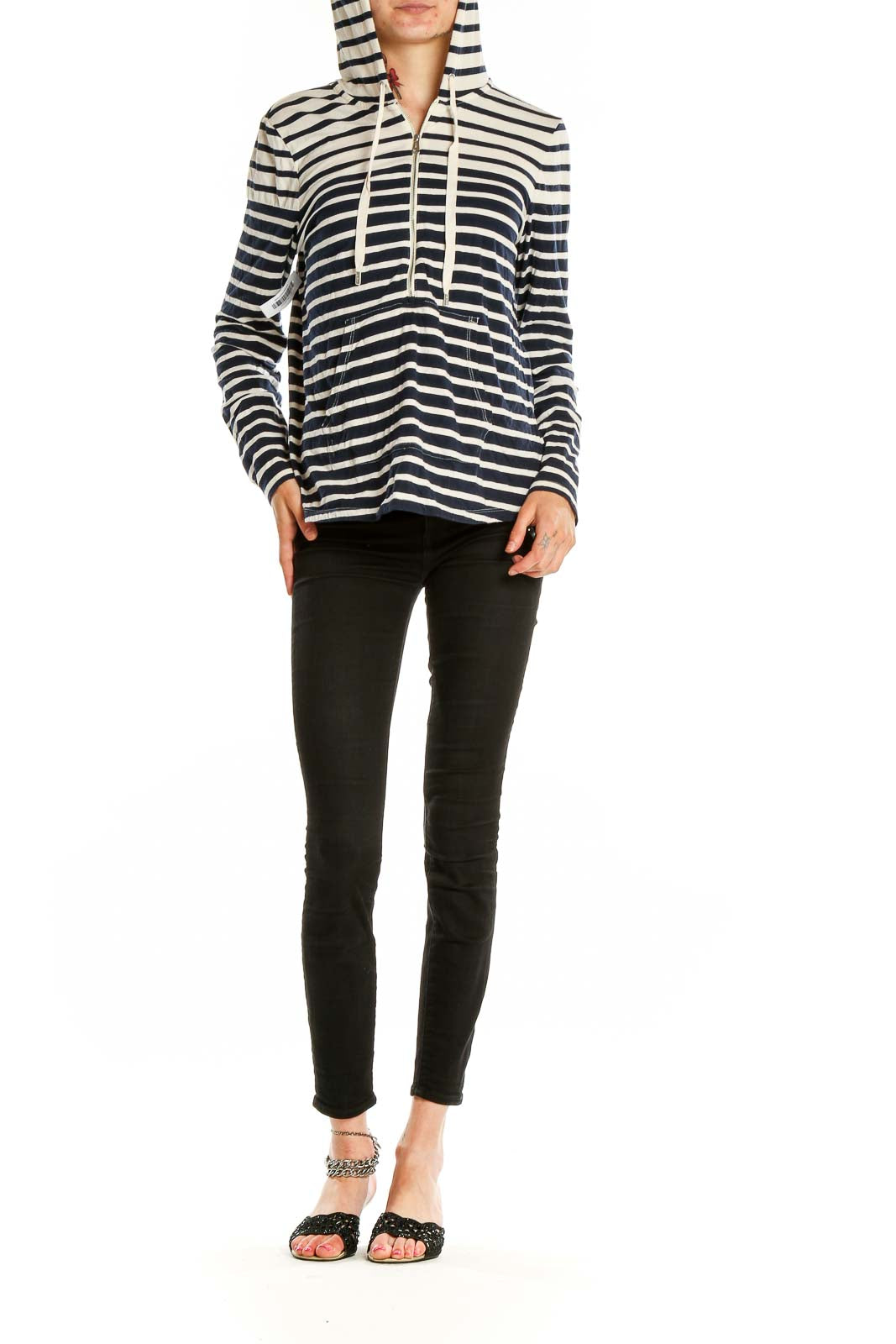 Front view of Lauren Active Ralph Lauren Navy and White Striped Half-Zip Pullover