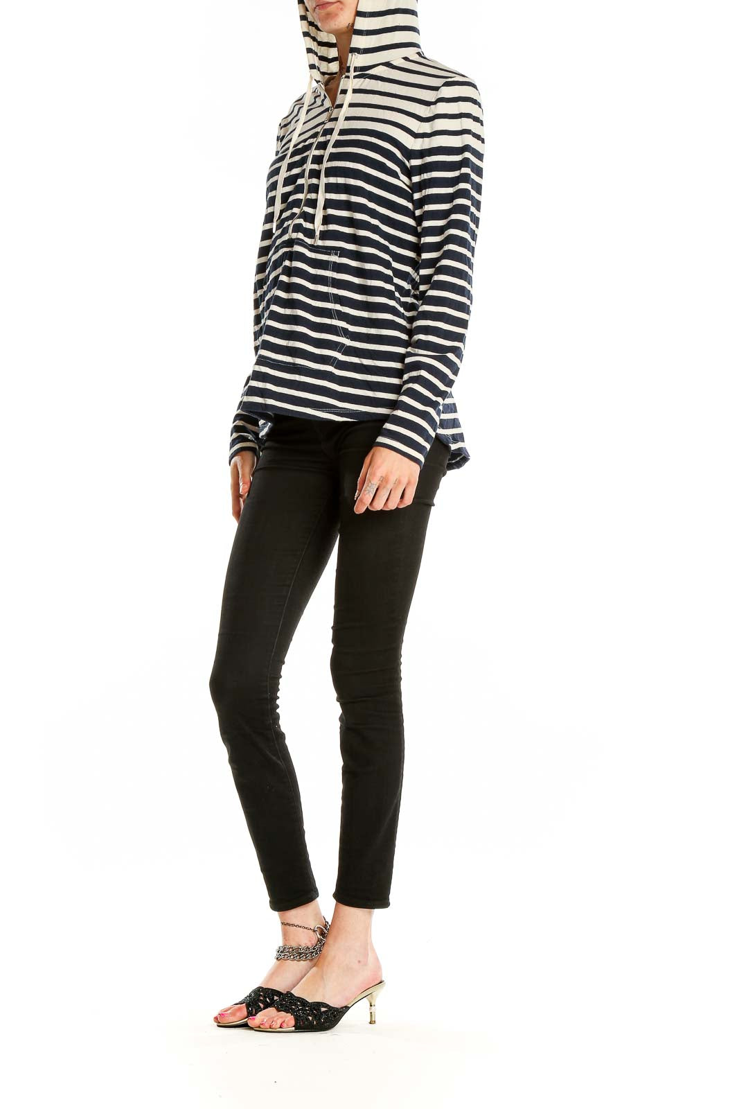 Front view of Lauren Active Ralph Lauren Navy and White Striped Half-Zip Pullover