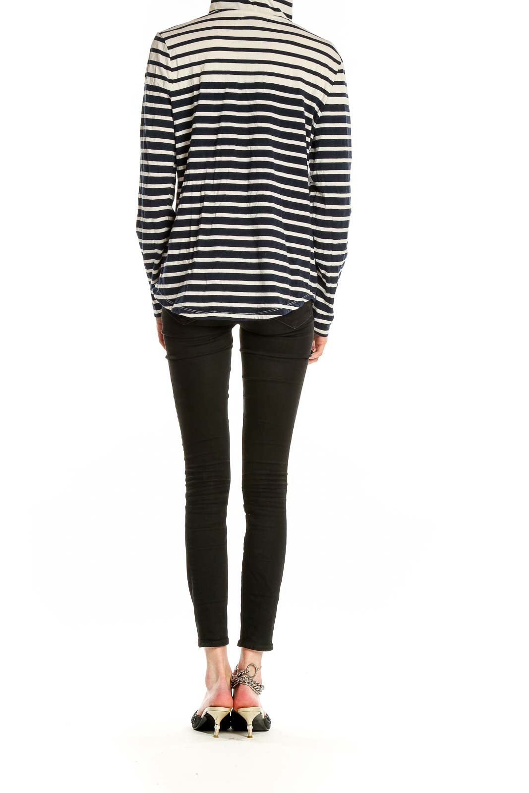 Side view of Lauren Active Ralph Lauren Navy and White Striped Half-Zip Pullover on model