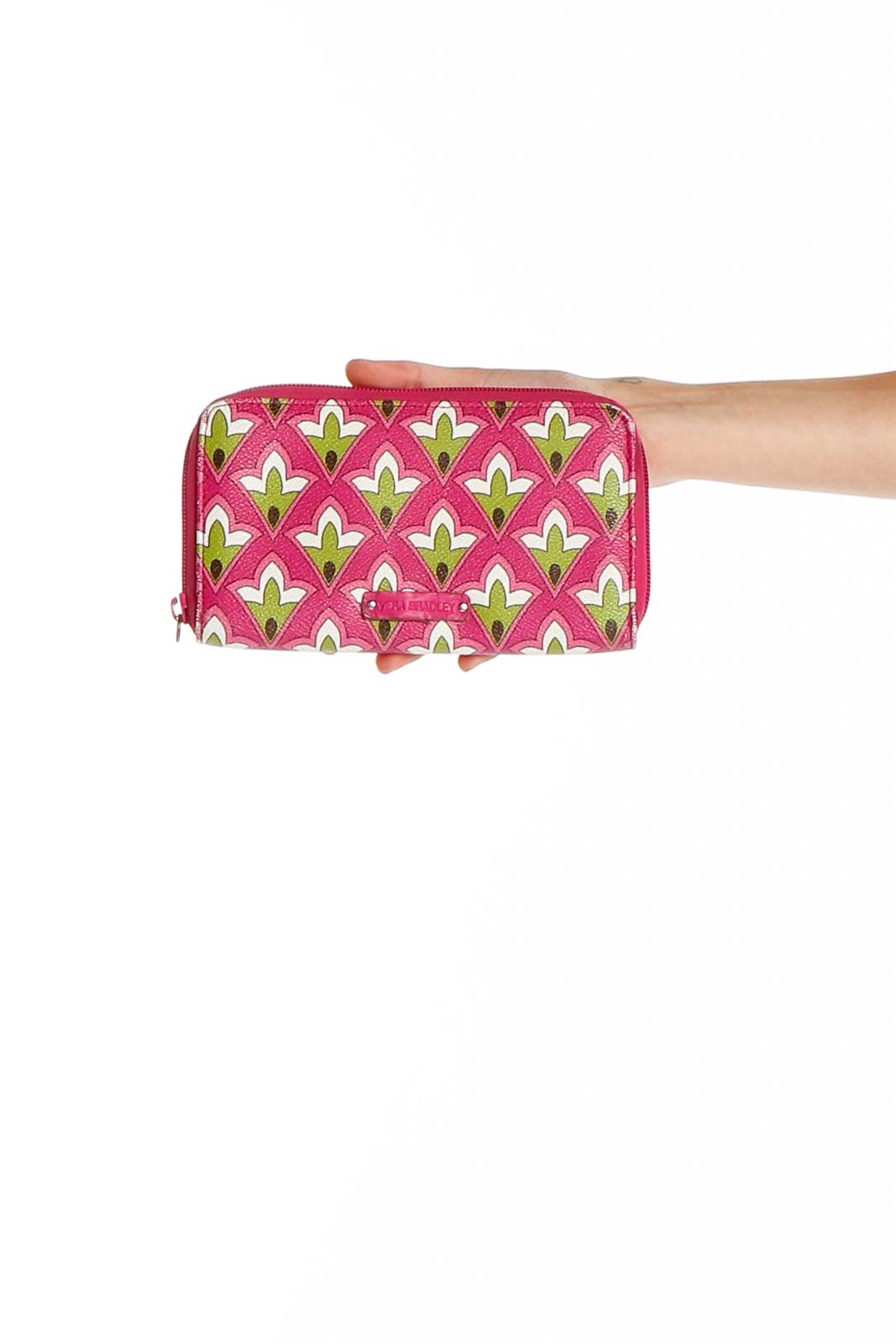 Front view of pink Vera Bradley zip-around wallet with floral print