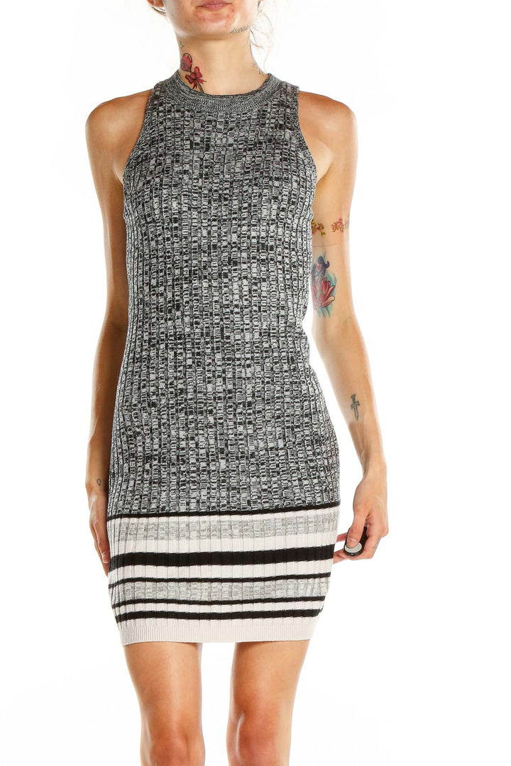 Front view of gray ribbed sleeveless bodycon dress with striped hem