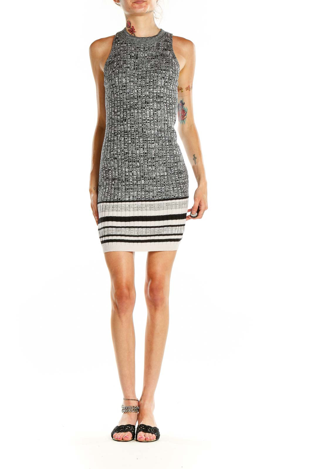 Front view of gray ribbed sleeveless bodycon dress with striped hem