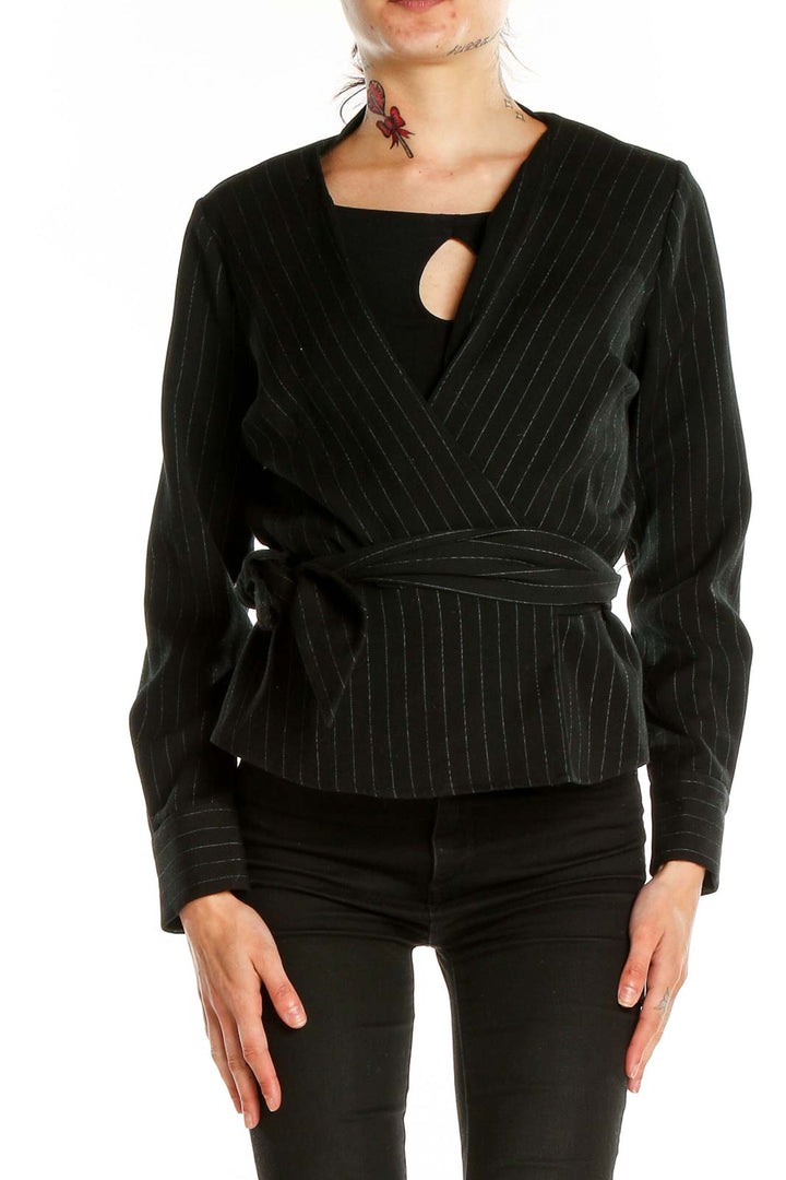 Front view of Rachel Roy Collection black pinstriped wrap blazer