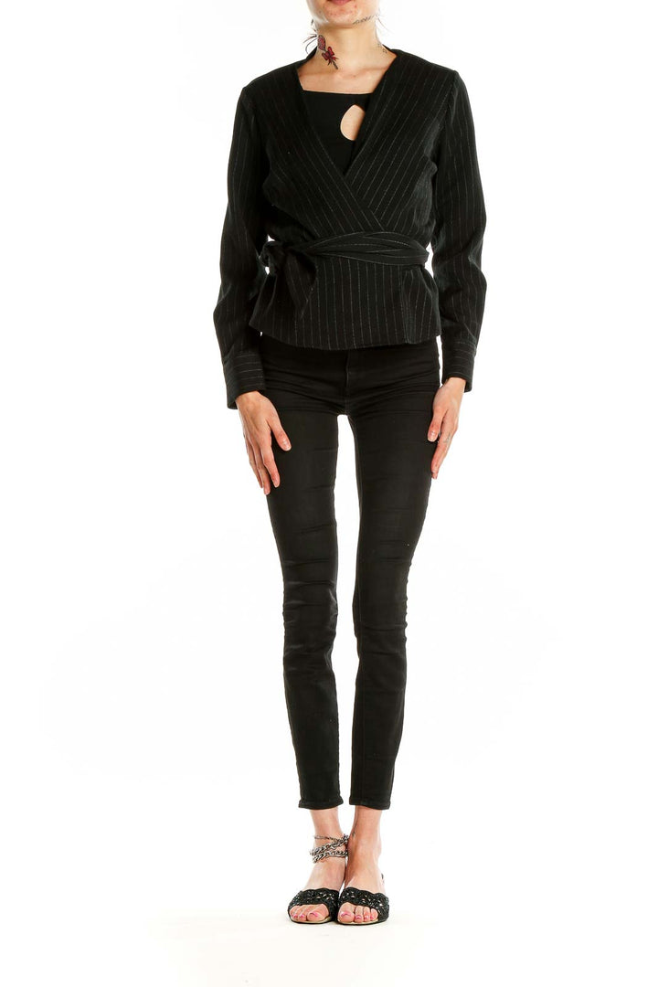 Front view of Rachel Roy Collection black pinstriped wrap blazer