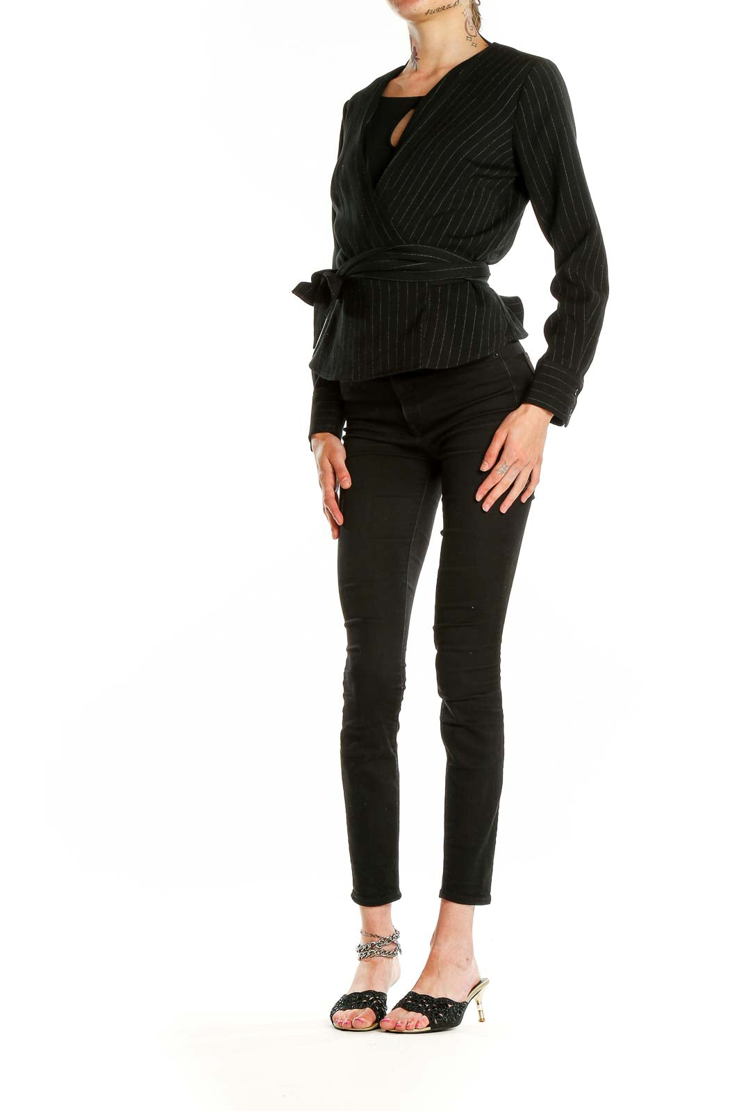 Front view of Rachel Roy Collection black pinstriped wrap blazer