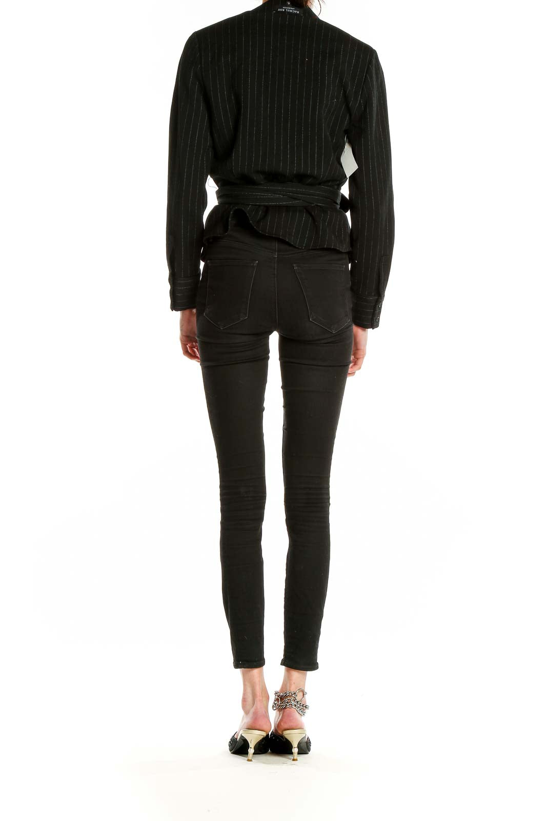 Back view of Rachel Roy Collection black pinstriped wrap blazer with matching trousers
