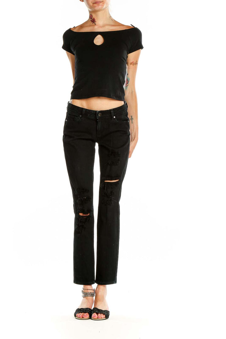 Front view of Paige black distressed straight leg jeans