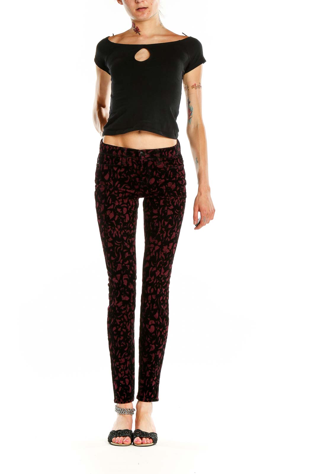 Front view of J Brand burgundy floral velvet skinny pants