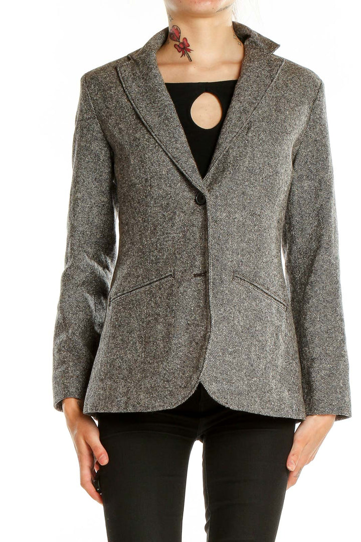 Front view of Eddie Bauer gray wool blend blazer with notched lapel and two-button closure