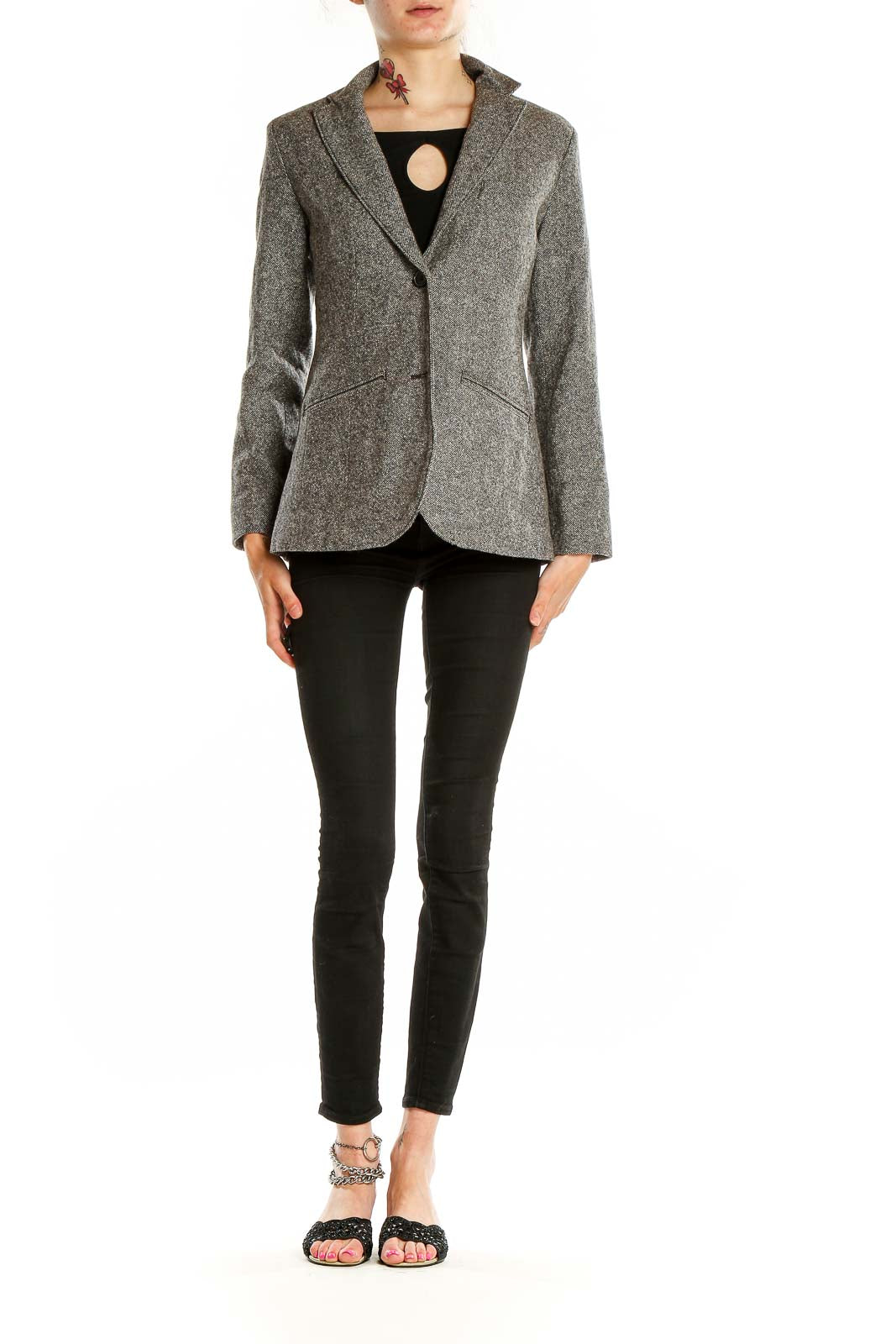 Front view of Eddie Bauer gray wool blend blazer with notched lapel and two-button closure