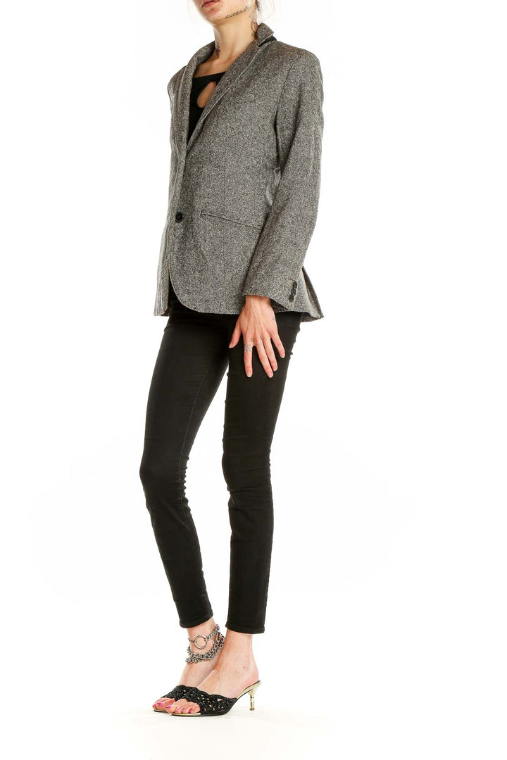 Front view of Eddie Bauer gray wool blend blazer with notched lapel and two-button closure