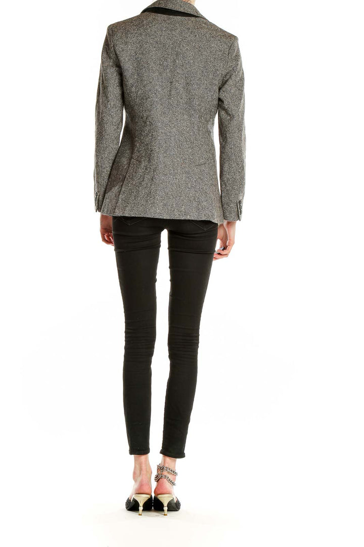 Back view of Eddie Bauer gray wool blend blazer showing tailored fit and length