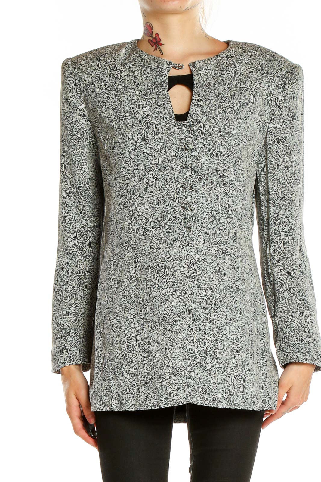 Front view of gray paisley textured long blazer with button closure