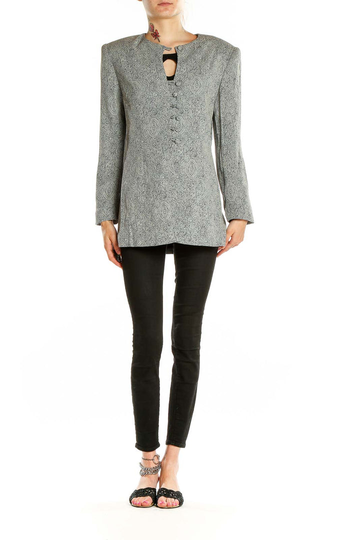 Front view of gray paisley textured long blazer with button closure