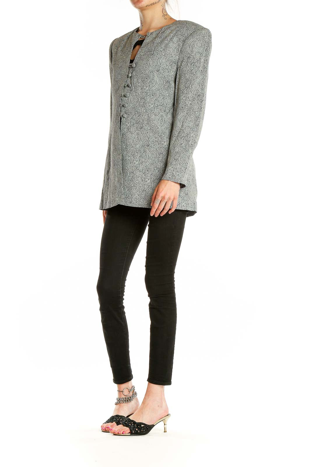 Front view of gray paisley textured long blazer with button closure
